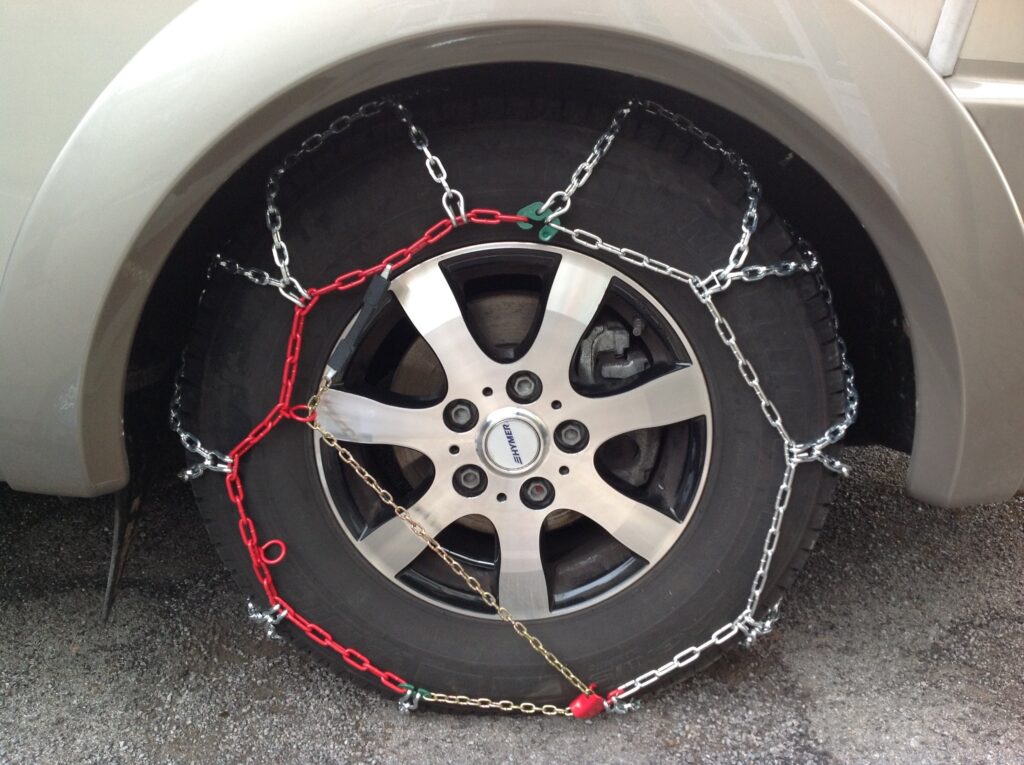 Snow Chains on Hymer B544 motorhome Motorhome travel Around Europe